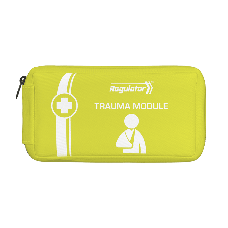 Yellow zipped module pouch with the Regulator mark, a white cross roundel and a casualty icon, printed TRAUMA MODULE