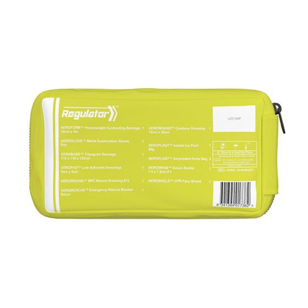 The back of the yellow module printed with its contents list and barcode