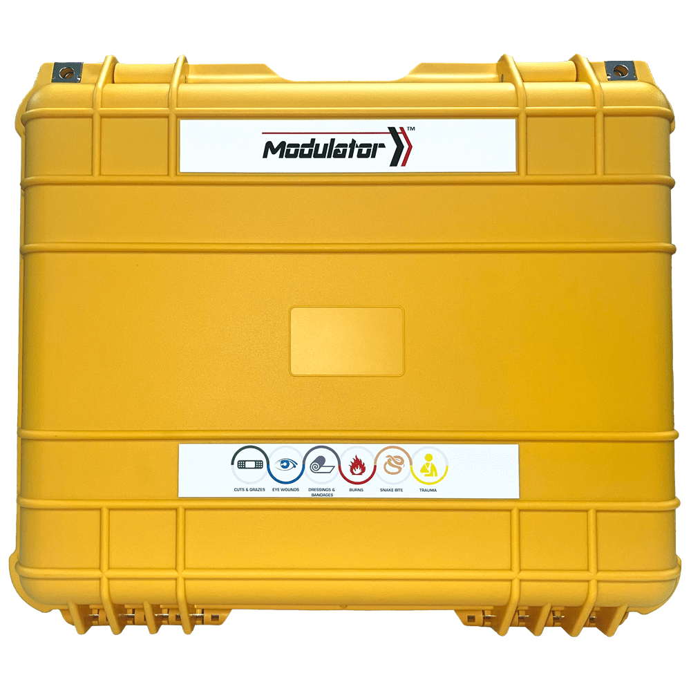 Yellow weatherproof hard case with the Modulator mark and a row of treatment icons on a white label