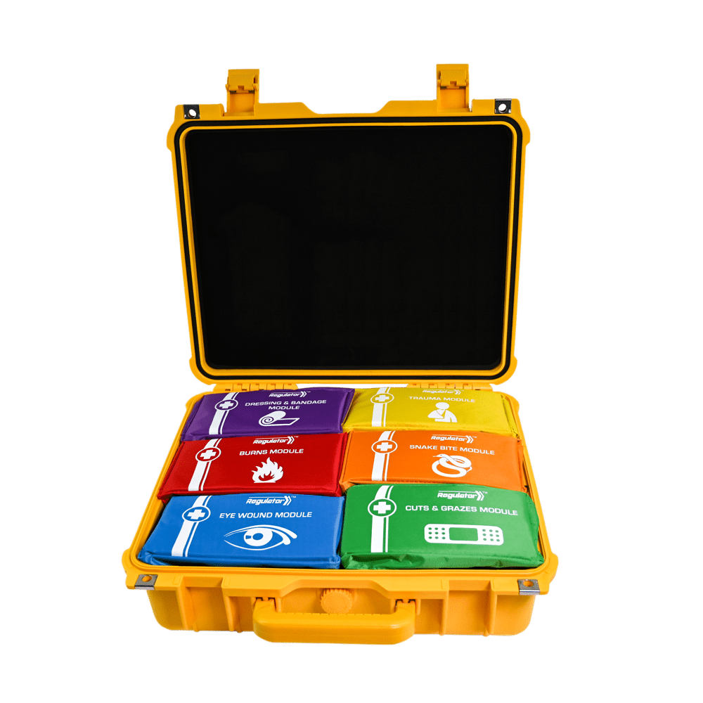 The yellow case open, showing six coloured modules held in the base