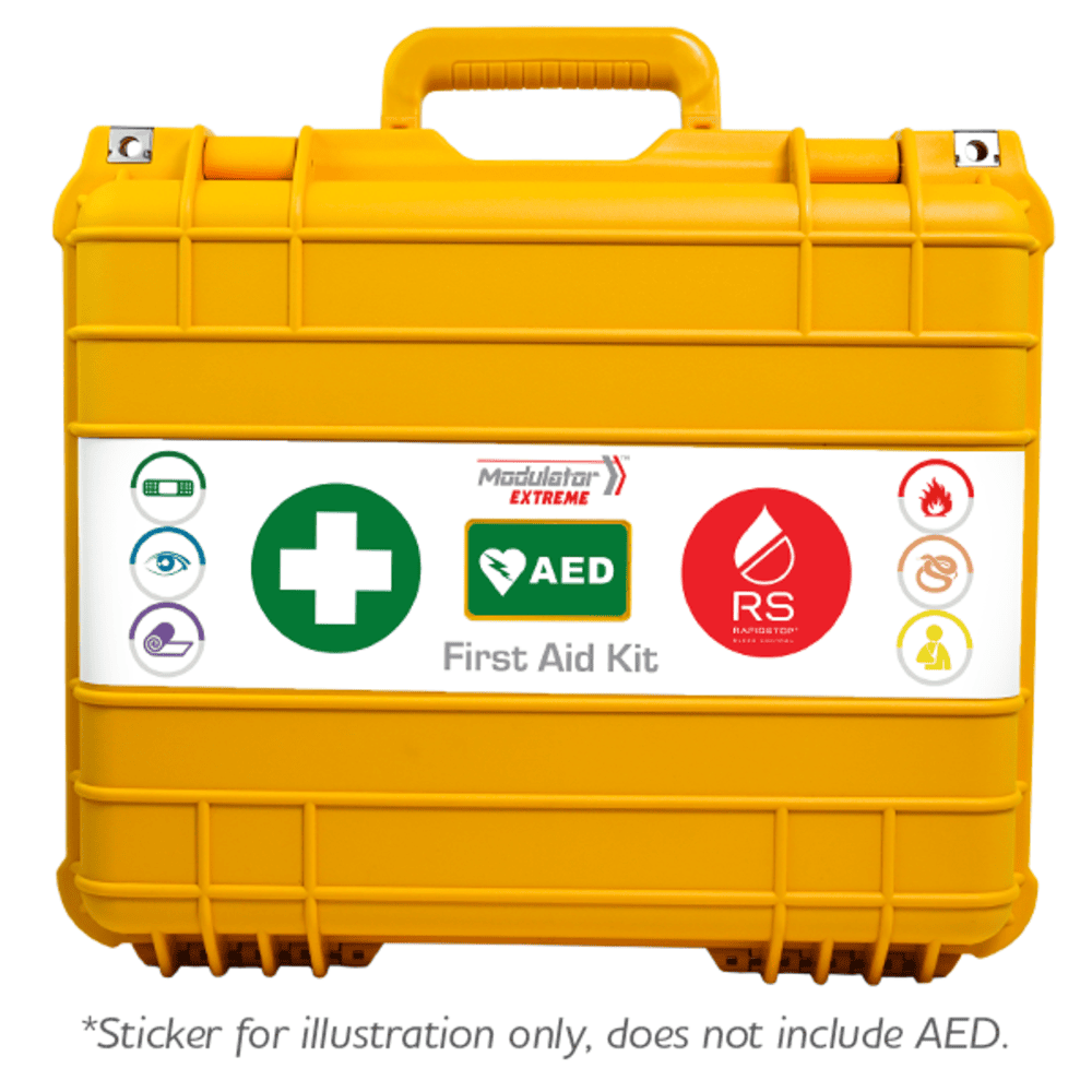 Yellow weatherproof hard case printed Modulator EXTREME First Aid Kit with treatment icons and an AED symbol, marked sticker for illustration only, does not include AED