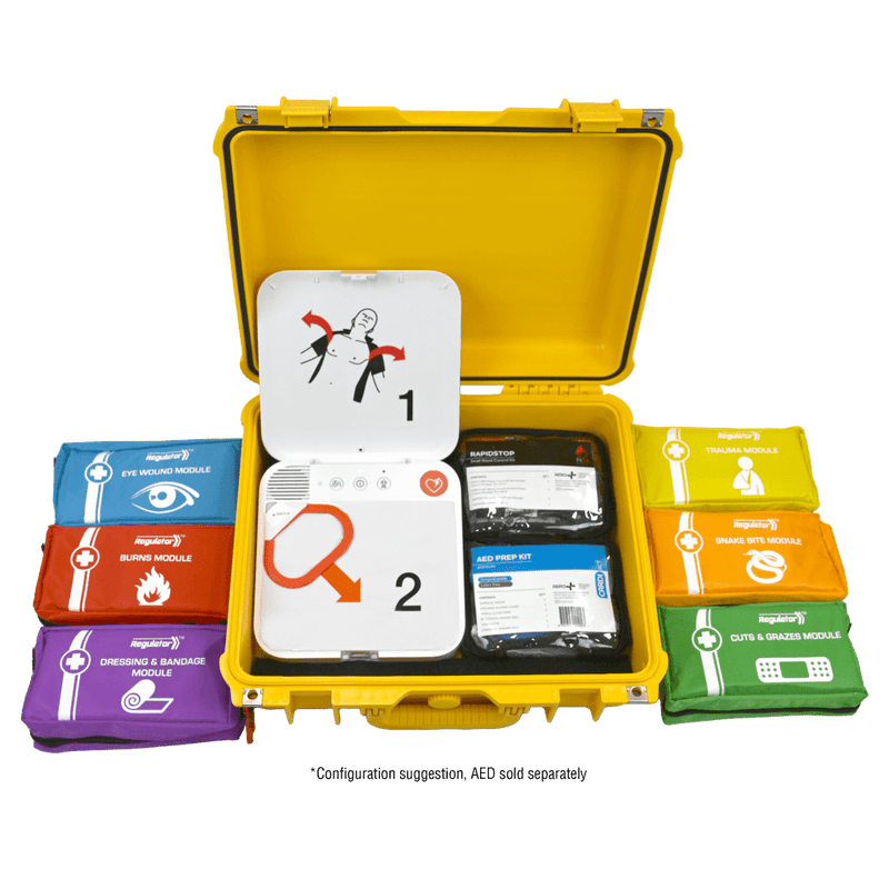 The open yellow case showing a defibrillator position in the centre with coloured first aid modules either side