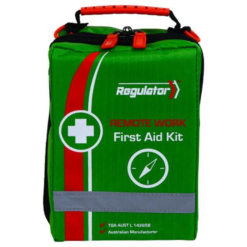 Green soft pack with a red stripe, a reflective panel and a carry handle, the Regulator mark, printed REMOTE WORK First Aid Kit with a compass icon, TGA AUST L 142658 and Australian Manufacturer
