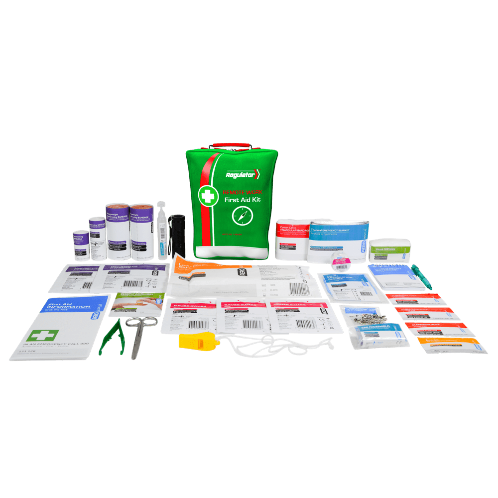 The green remote work pack standing behind its contents laid out in rows