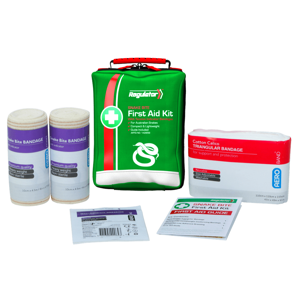 The green snake bite pack standing beside its contents, including two indicator bandages, a triangular bandage and a guide