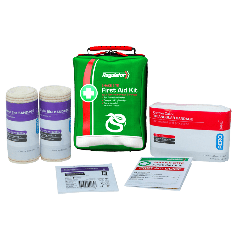 The green snake bite pack standing beside its contents, including two indicator bandages, a triangular bandage and a guide