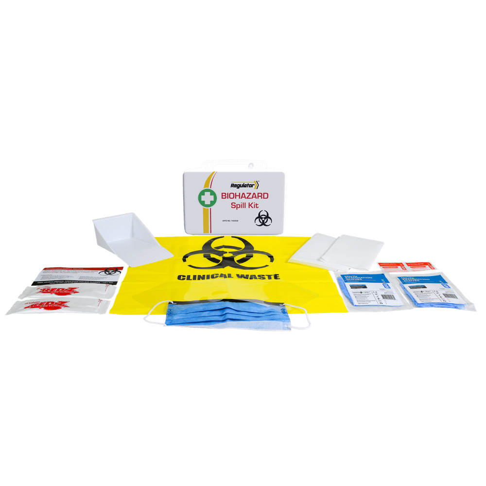 The white spill kit case standing behind its contents, including a clinical waste bag, absorbent items, a mask and gloves