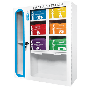 White metal first aid station cabinet with a glass door, showing six coloured modules on its shelves and printed FIRST AID STATION