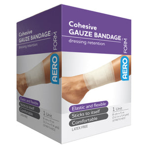 Purple and white AEROFORM box printed cohesive gauze bandage for dressing retention, listing elastic and flexible, sticks to itself and comfortable, marked 1 unit