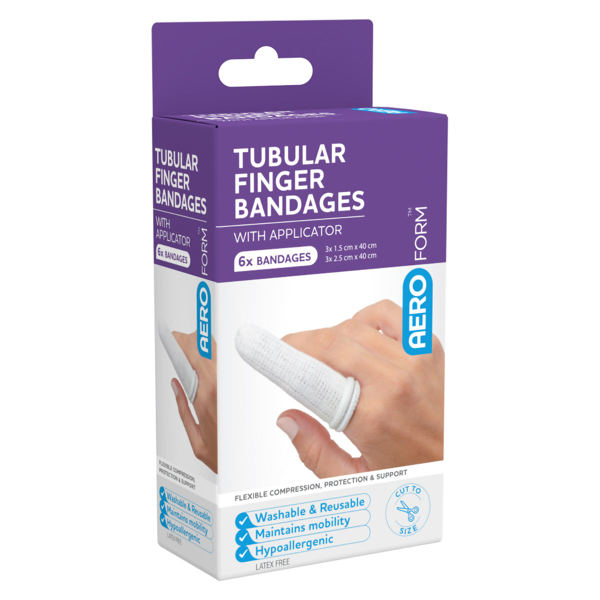 Purple AEROFORM box printed Tubular Finger Bandages with applicator, washable and reusable, maintains mobility, hypoallergenic, marked 6 bandages