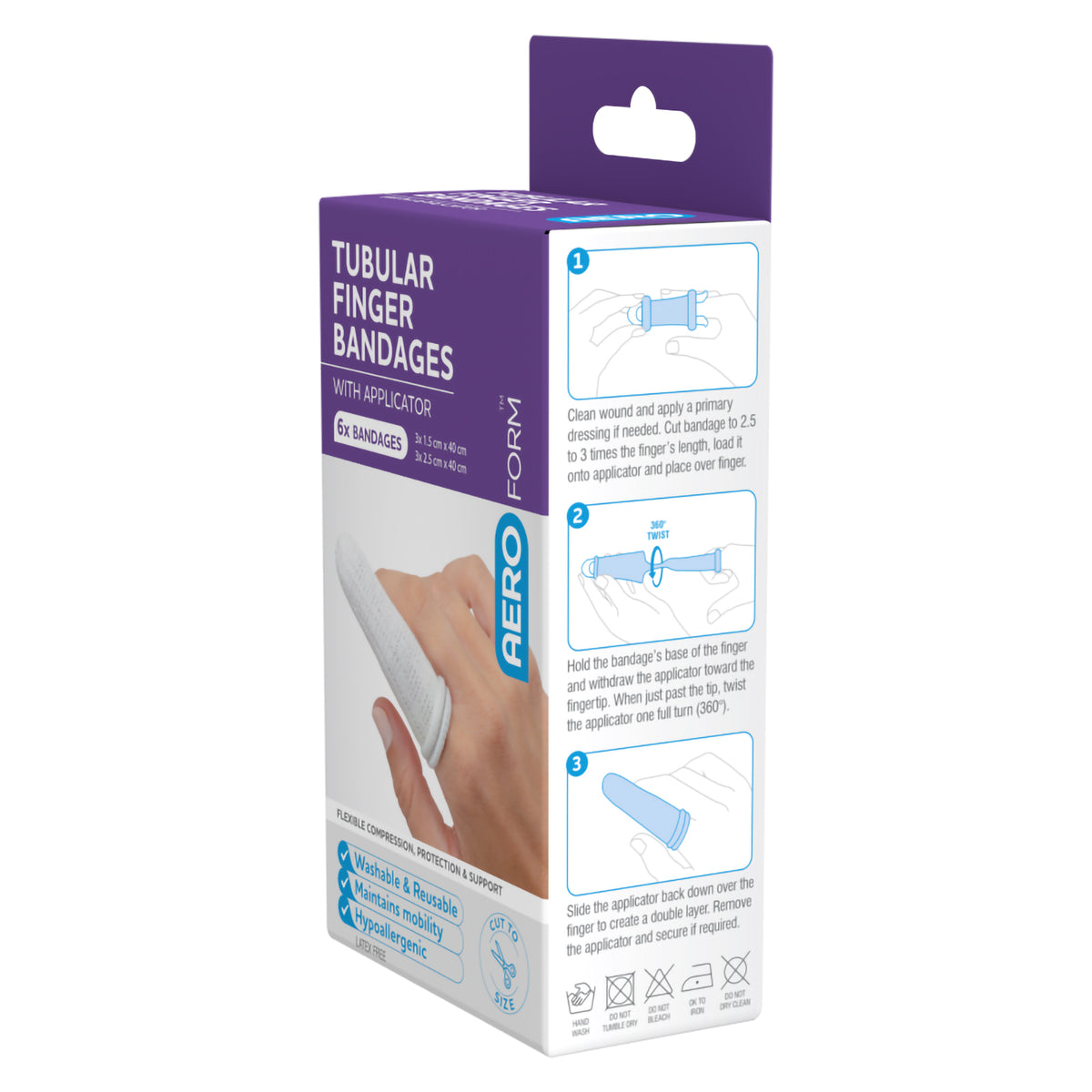 The side of the tubular finger bandages box printed with numbered application steps