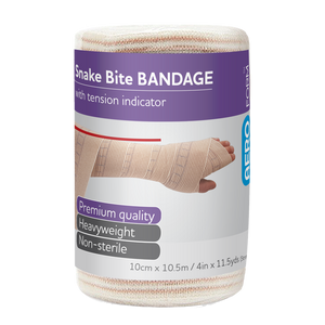 Rolled snake bite bandage in a purple wrap printed with tension indicator, heavyweight and non-sterile, marked 10 cm by 10.5 m