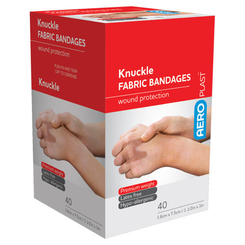 Red and white AEROPLAST box printed knuckle fabric bandages, wound protection, listing premium weight, latex free and hypoallergenic, marked 40