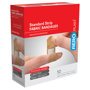 Red and white AEROPLAST box printed standard strip fabric bandages, wound protection, listing premium weight, latex free and hypoallergenic, marked 50