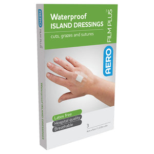 Green and white AEROFILM PLUS box printed waterproof island dressings for cuts, grazes and sutures, listing latex free, hospital quality and breathable, marked 3