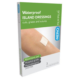 Green and white AEROFILM PLUS box printed waterproof island dressings for cuts, grazes and sutures, listing absorbent pad, hospital grade and hypoallergenic, marked 3