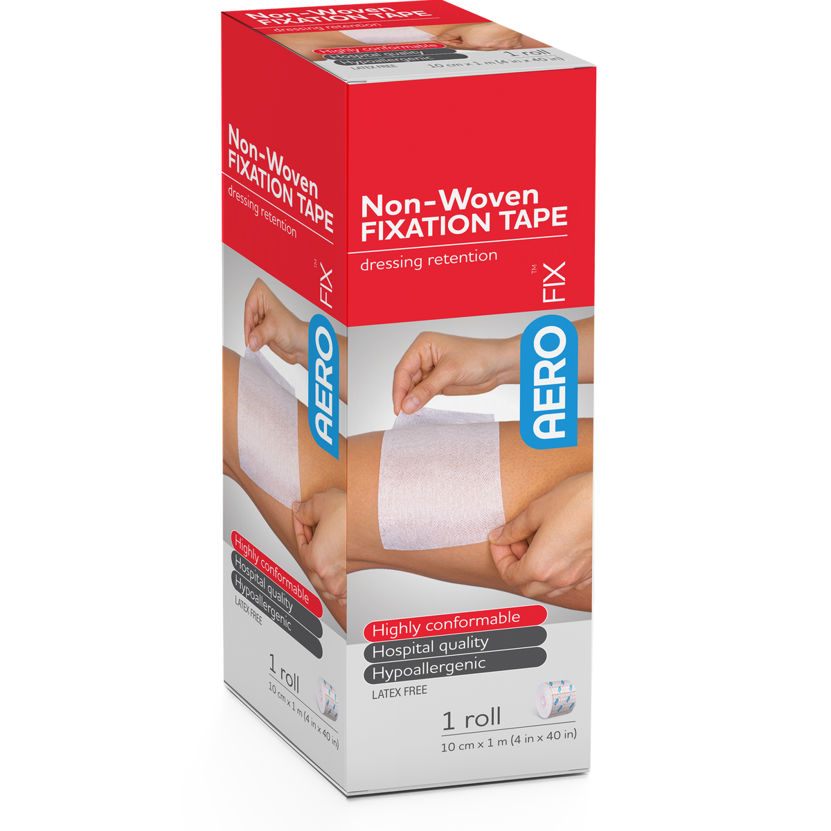 A second view of the same non-woven fixation tape box showing the roll size panel