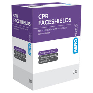 Purple and white AEROSHIELD box of CPR faceshields printed for protected mouth-to-mouth resuscitation, marked 10