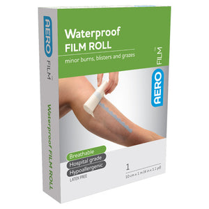 Green and white AEROFILM box printed waterproof film roll for minor burns, blisters and grazes, listing breathable, hospital grade and hypoallergenic, marked 1