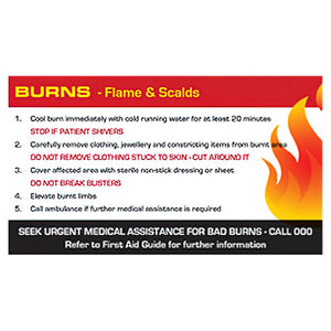 Burns first aid card headed burns, flame and scalds, listing five numbered steps from cooling the burn to calling an ambulance, with a flame graphic at the side