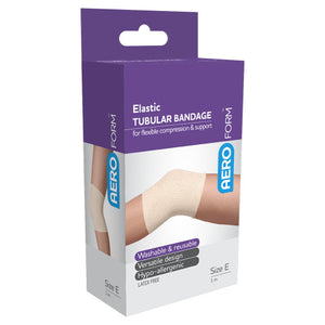 Purple and white AEROFORM box printed elastic tubular bandage for flexible compression and support, listing washable and reusable, versatile design and hypoallergenic, marked size E