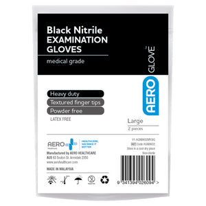 Black and white AEROGLOVE sachet printed black nitrile examination gloves, medical grade, listing heavy duty, textured finger tips and powder free, marked large, 2 pieces