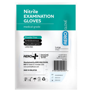 White and teal AEROGLOVE sachet printed nitrile examination gloves, medical grade, listing powder free, ambidextrous and hypoallergenic, marked large, 5 pairs