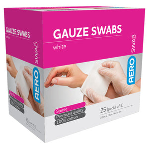 Pink and white AEROSWAB box printed gauze swabs, white, listing sterile, premium quality and 100 percent cotton, marked 25 packs of 3