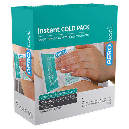Teal and white AEROCOOL box printed instant cold pack, ready to use cold therapy treatment, listing squeeze shake and apply, relieves pain and swelling and portable, marked single application