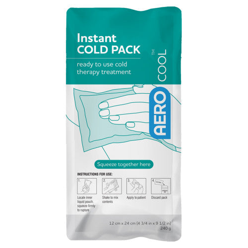 Teal AEROCOOL pouch printed instant cold pack, ready to use cold therapy treatment, marked squeeze together here with the instructions for use below