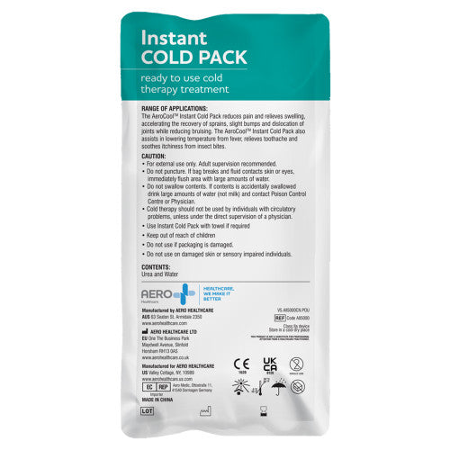 Reverse of the instant cold pack pouch, showing the range of applications, the cautions and the contents