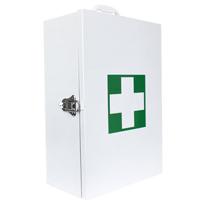 White metal first aid cabinet with a green cross on the door and a latch fastening, shown closed