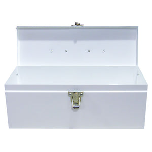 White metal case standing open, showing the plain lined interior and the clasp on the front
