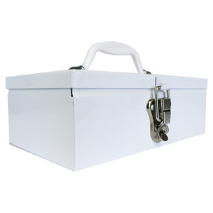 White metal case with a carry handle and a metal clasp, shown closed from the front