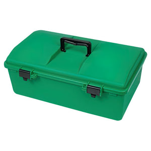 Green plastic tacklebox shown closed, with a moulded black carry handle and two catches on the front