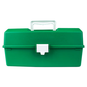 Green plastic tacklebox with a moulded carry handle and a white centre latch