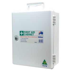 White plastic first aid cabinet with a keyed latch and a green label printed first aid cabinet, ideal for home, office and warehouse, removable shelf, wall mountable