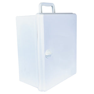 White plastic first aid cabinet with a folding carry handle and a knob closure, shown closed