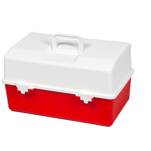 Red and white plastic tacklebox with a domed white lid and a red lower body, shown closed in the larger size