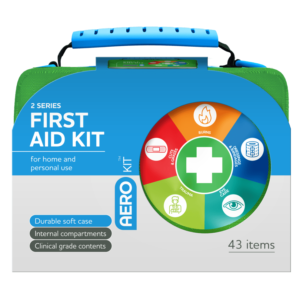 Green soft case with a blue moulded handle and an AeroKit colour wheel of treatment icons, printed 2 Series First Aid Kit for home and personal use, durable soft case, internal compartments, clinical grade contents, 43 items