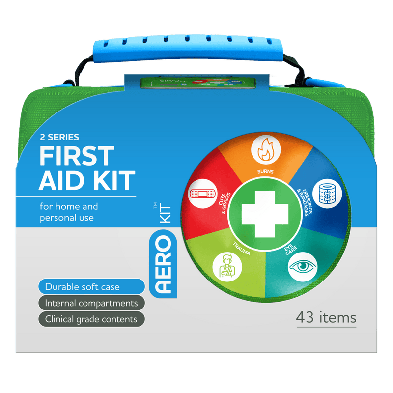 Green soft case with a blue moulded handle and an AeroKit colour wheel of treatment icons, printed 2 Series First Aid Kit for home and personal use, durable soft case, internal compartments, clinical grade contents, 43 items