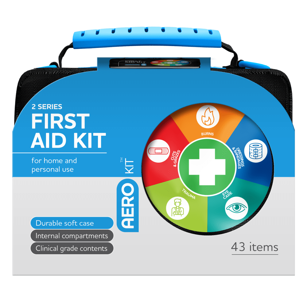 Black soft case with a blue moulded handle and an AeroKit colour wheel of treatment icons, printed 2 Series First Aid Kit for home and personal use, 43 items