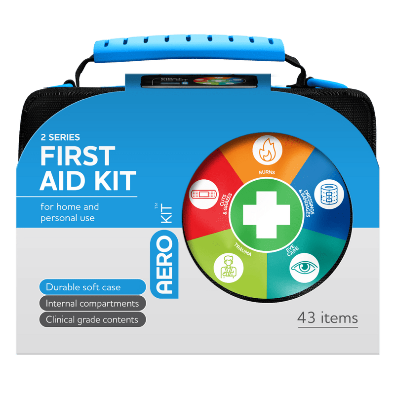Black soft case with a blue moulded handle and an AeroKit colour wheel of treatment icons, printed 2 Series First Aid Kit for home and personal use, 43 items