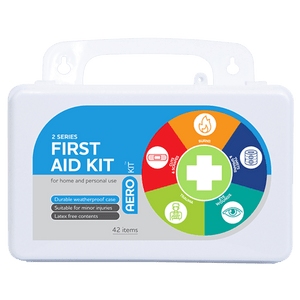 White weatherproof plastic case with a moulded handle and an AeroKit colour wheel of treatment icons, printed 2 Series First Aid Kit for home and personal use, durable weatherproof case, suitable for minor injuries, latex free contents, 42 items