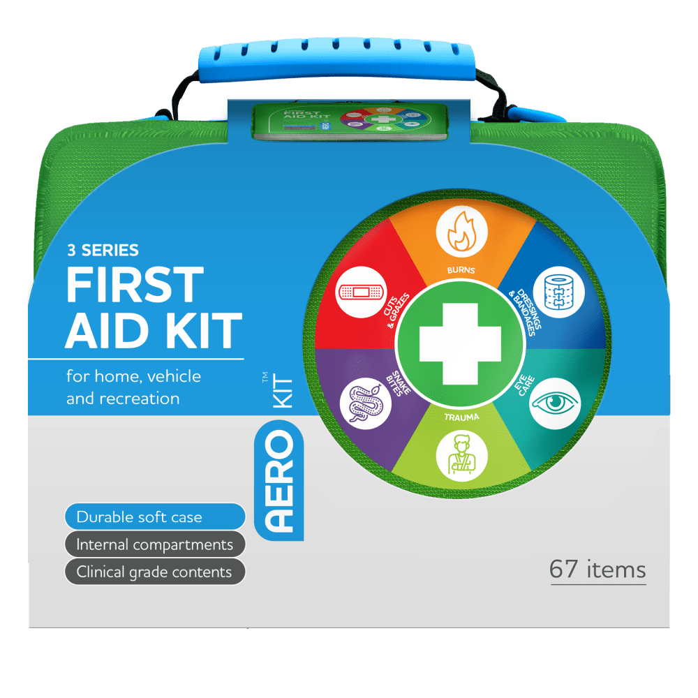 Green soft case with a blue moulded handle and an AeroKit colour wheel of treatment icons, printed 3 Series First Aid Kit for home, vehicle and recreation, 67 items