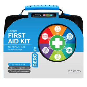 Black soft case with a blue moulded handle and an AeroKit colour wheel of treatment icons, printed 3 Series First Aid Kit for home, vehicle and recreation, 67 items