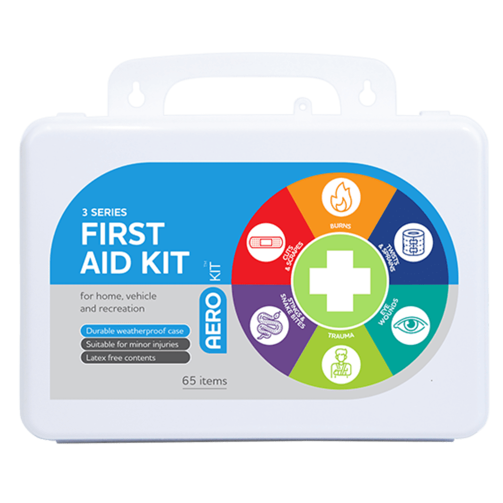 White weatherproof plastic case with a moulded handle and an AeroKit colour wheel of treatment icons, printed 3 Series First Aid Kit for home, vehicle and recreation, durable weatherproof case, latex free contents, 65 items
