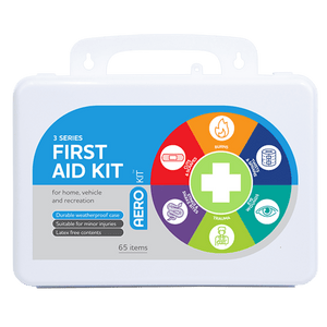 White weatherproof plastic case with a moulded handle and an AeroKit colour wheel of treatment icons, printed 3 Series First Aid Kit for home, vehicle and recreation, durable weatherproof case, latex free contents, 65 items