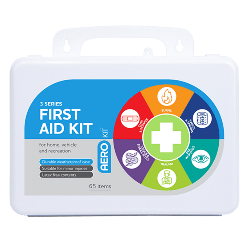 White weatherproof plastic case with a moulded handle and an AeroKit colour wheel of treatment icons, printed 3 Series First Aid Kit for home, vehicle and recreation, durable weatherproof case, latex free contents, 65 items