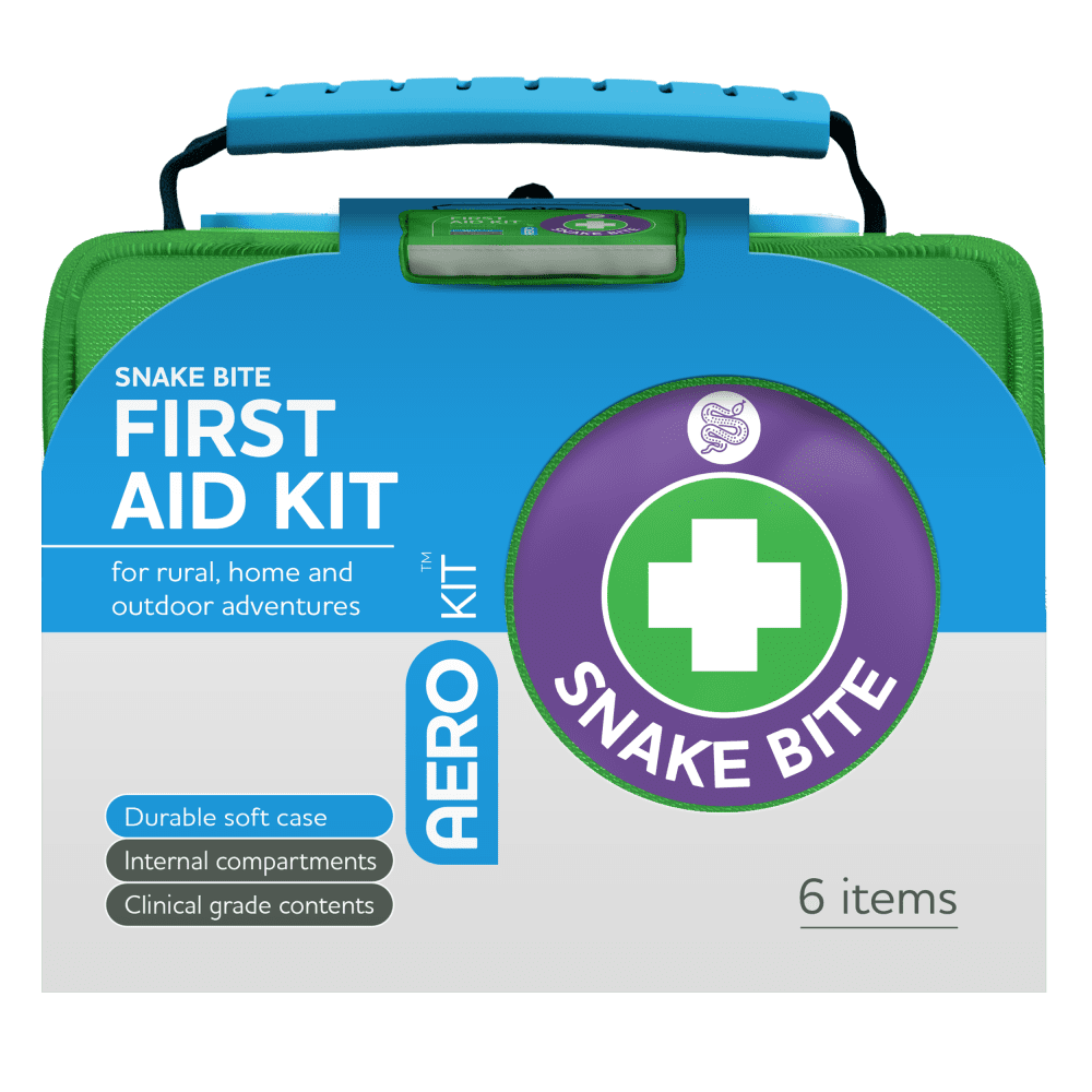 Green soft case with a blue moulded handle, printed SNAKE BITE FIRST AID KIT for rural, home and outdoor adventures, 6 items